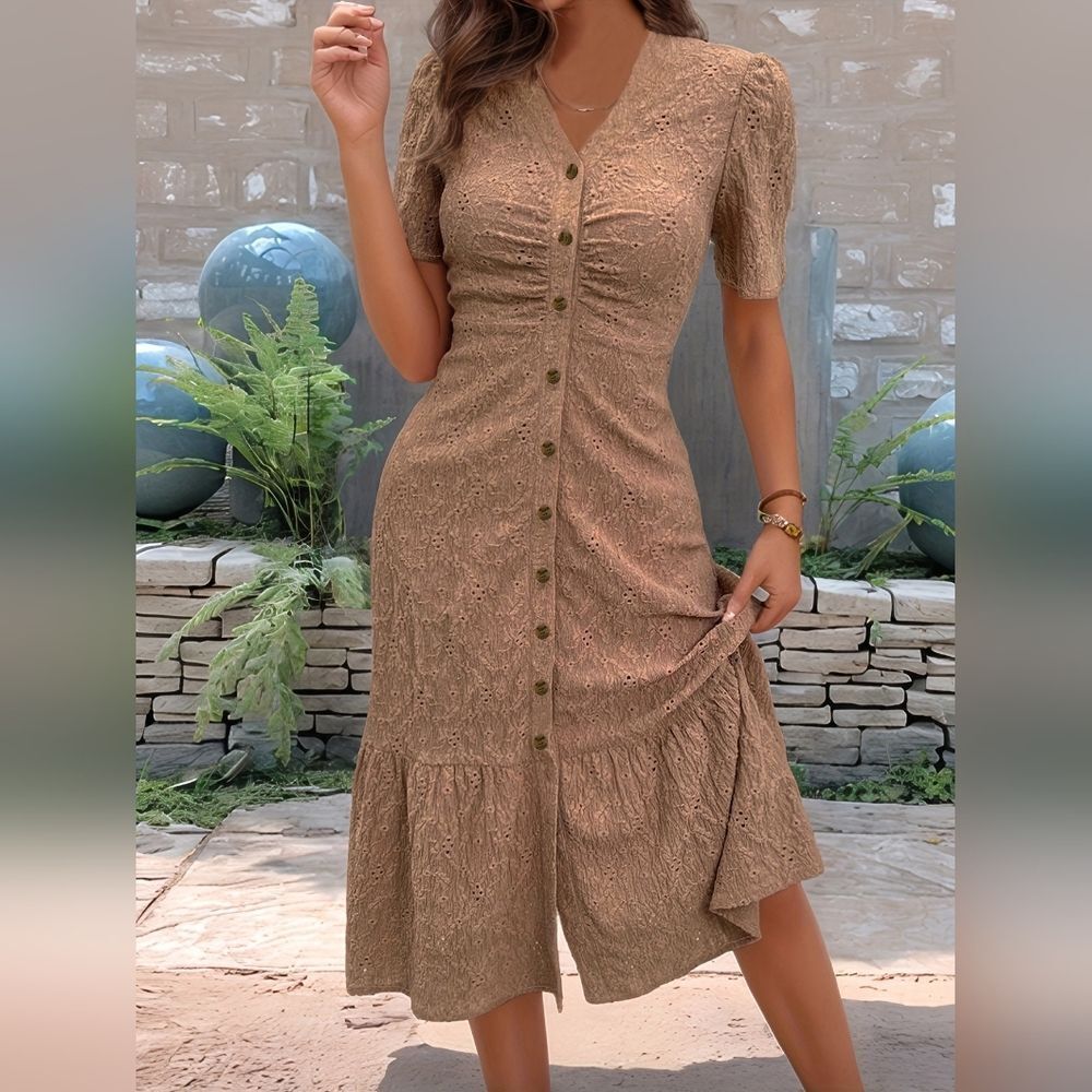 Eyelet Embroidered Midi Brown Button-Down Fitted Ruched Dress